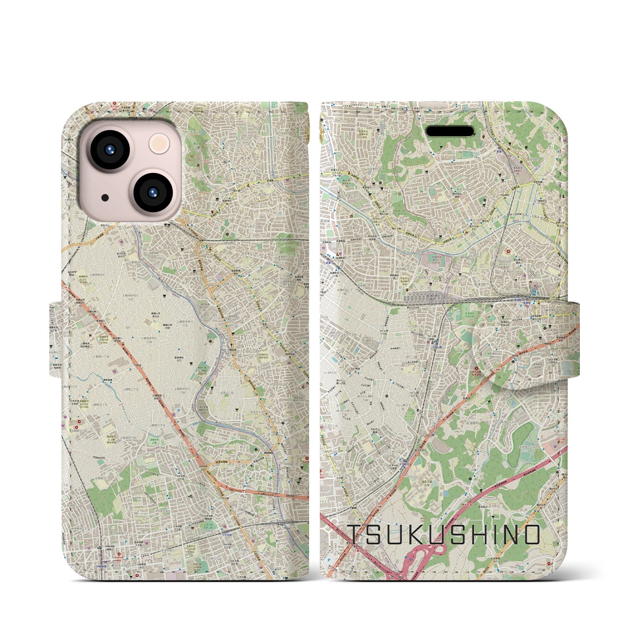 【つくし野(東京都)】地図柄iPhoneケース(手帳タイプ)ナチュラル・iPhone 13 mini 用