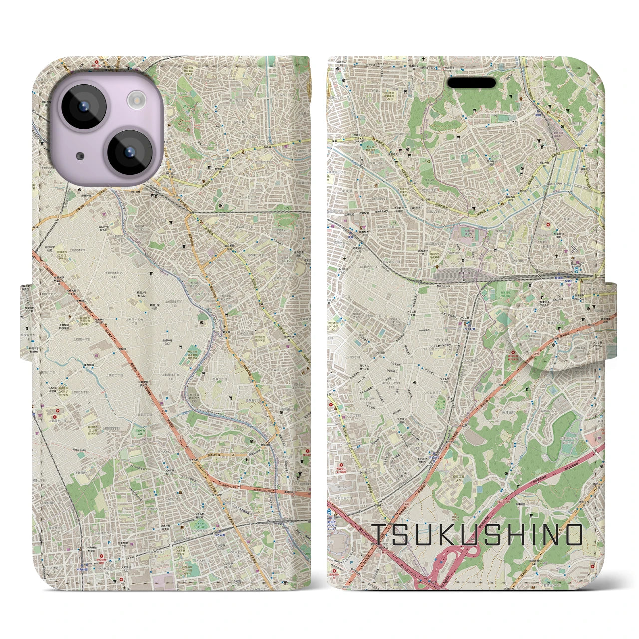 【つくし野(東京都)】地図柄iPhoneケース(手帳タイプ)ナチュラル・iPhone 14 用