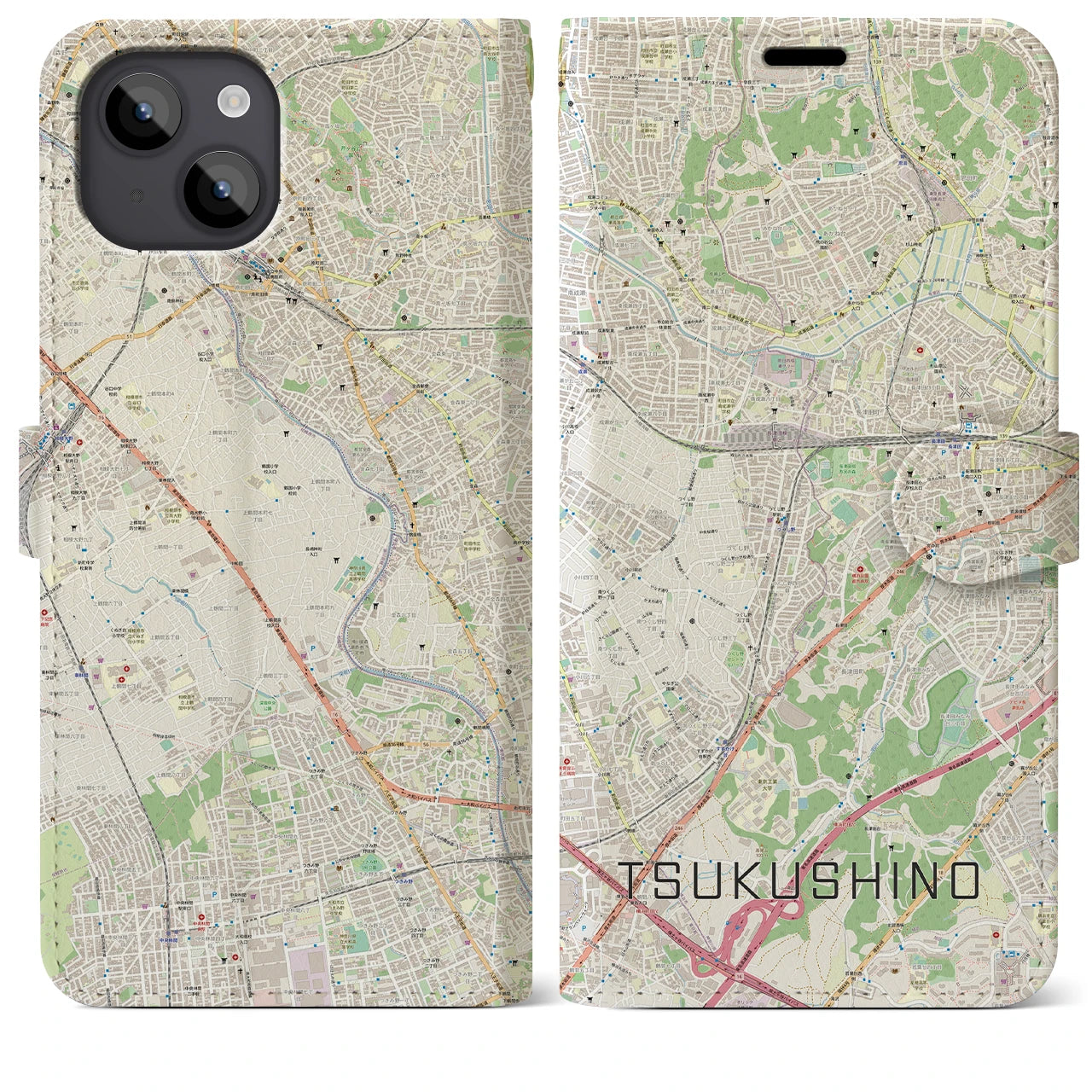 【つくし野(東京都)】地図柄iPhoneケース(手帳タイプ)ナチュラル・iPhone 14 Plus 用