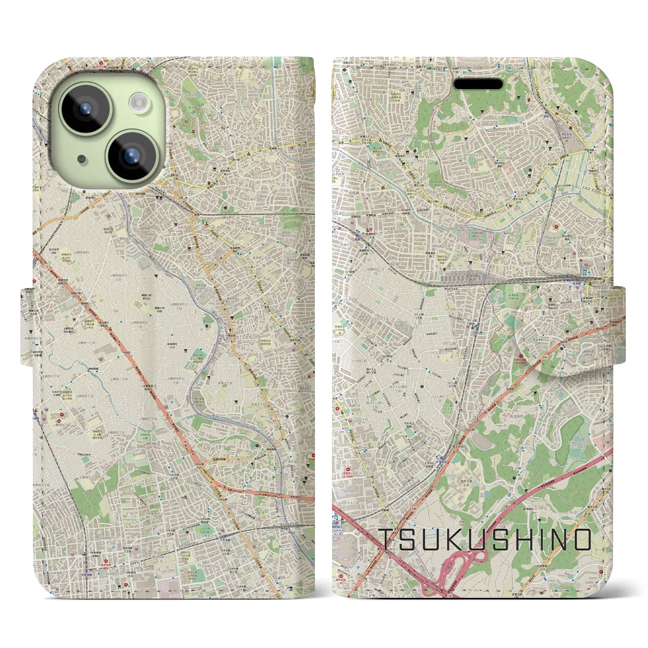 【つくし野(東京都)】地図柄iPhoneケース(手帳タイプ)ナチュラル・iPhone 15 用