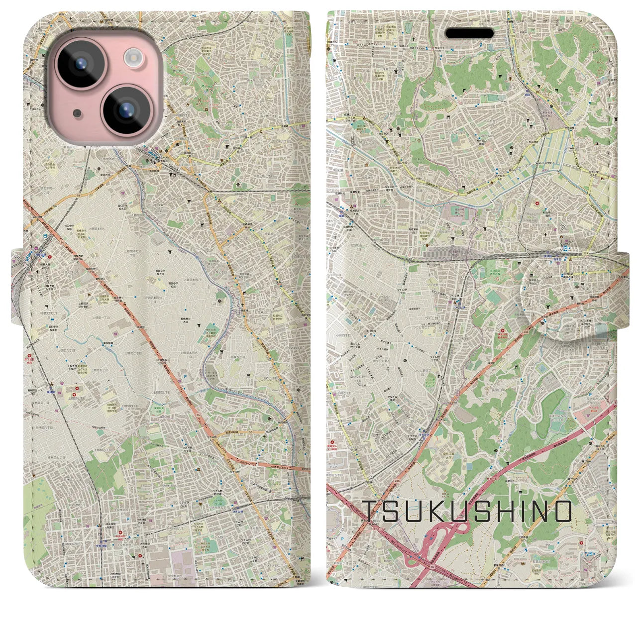 【つくし野(東京都)】地図柄iPhoneケース(手帳タイプ)ナチュラル・iPhone 15 Plus 用