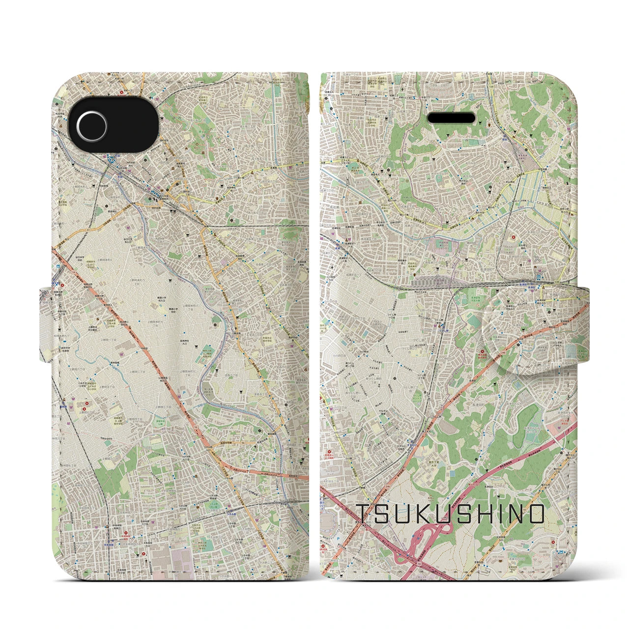 【つくし野(東京都)】地図柄iPhoneケース(手帳タイプ)ナチュラル・iPhone SE(第3 / 第2世代) / 8 / 7 / 6s / 6 用