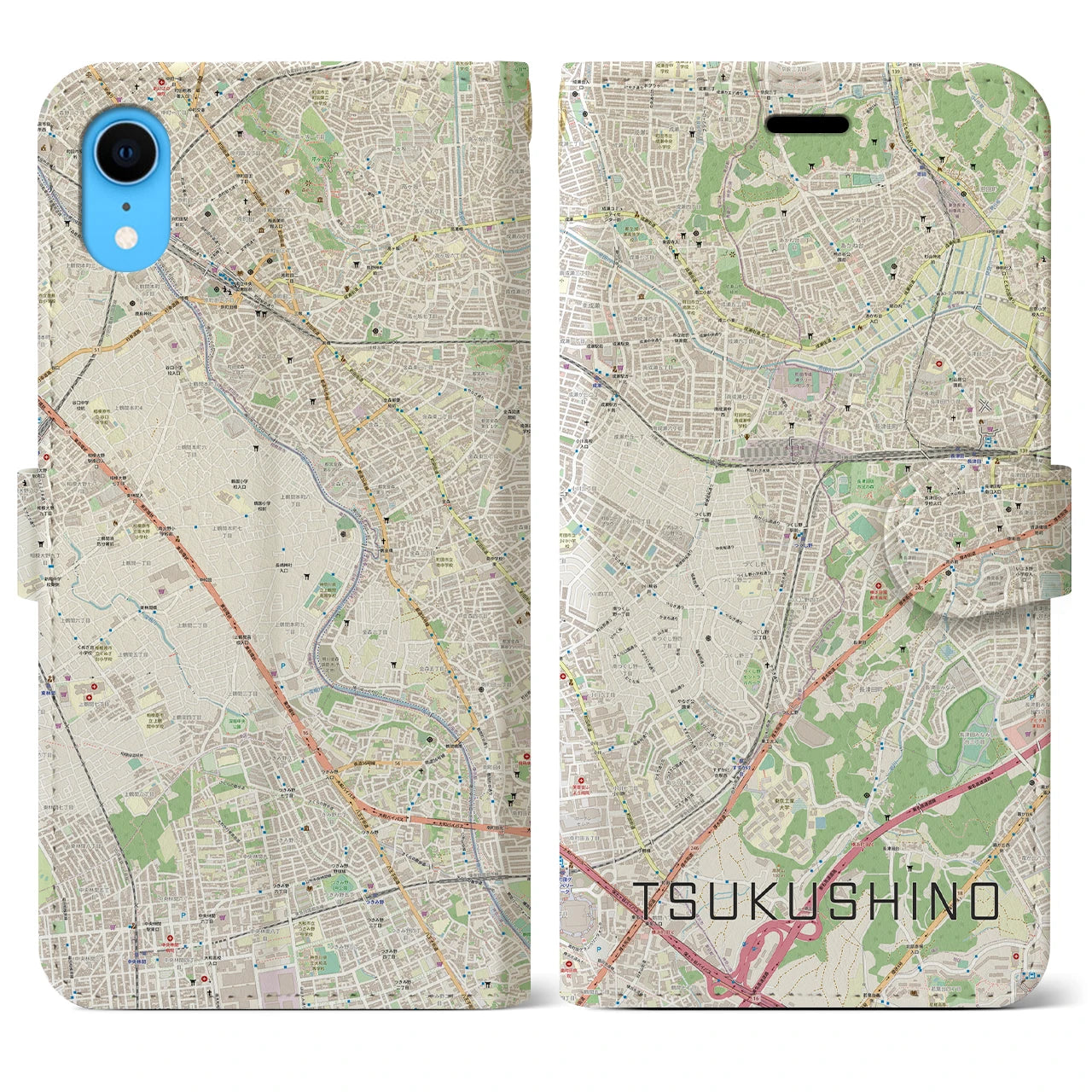 【つくし野(東京都)】地図柄iPhoneケース(手帳タイプ)ナチュラル・iPhone XR 用
