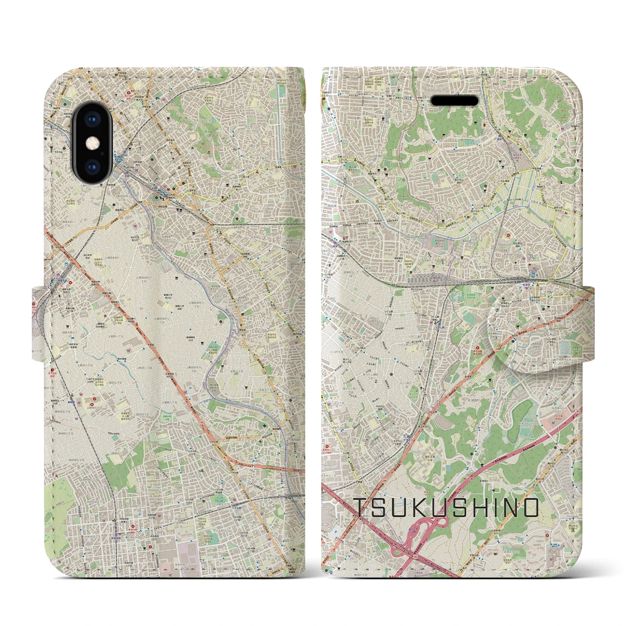 【つくし野(東京都)】地図柄iPhoneケース(手帳タイプ)ナチュラル・iPhone XS / X 用