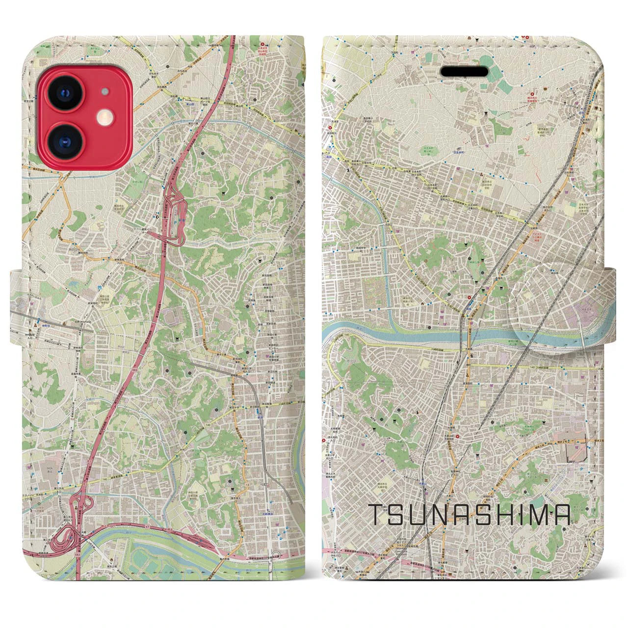 【綱島(神奈川県)】地図柄iPhoneケース(手帳タイプ)ナチュラル・iPhone 11 用