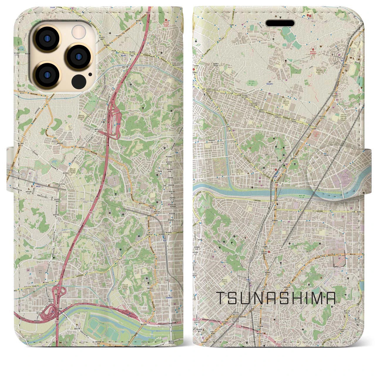 【綱島(神奈川県)】地図柄iPhoneケース(手帳タイプ)ナチュラル・iPhone 12 Pro Max 用