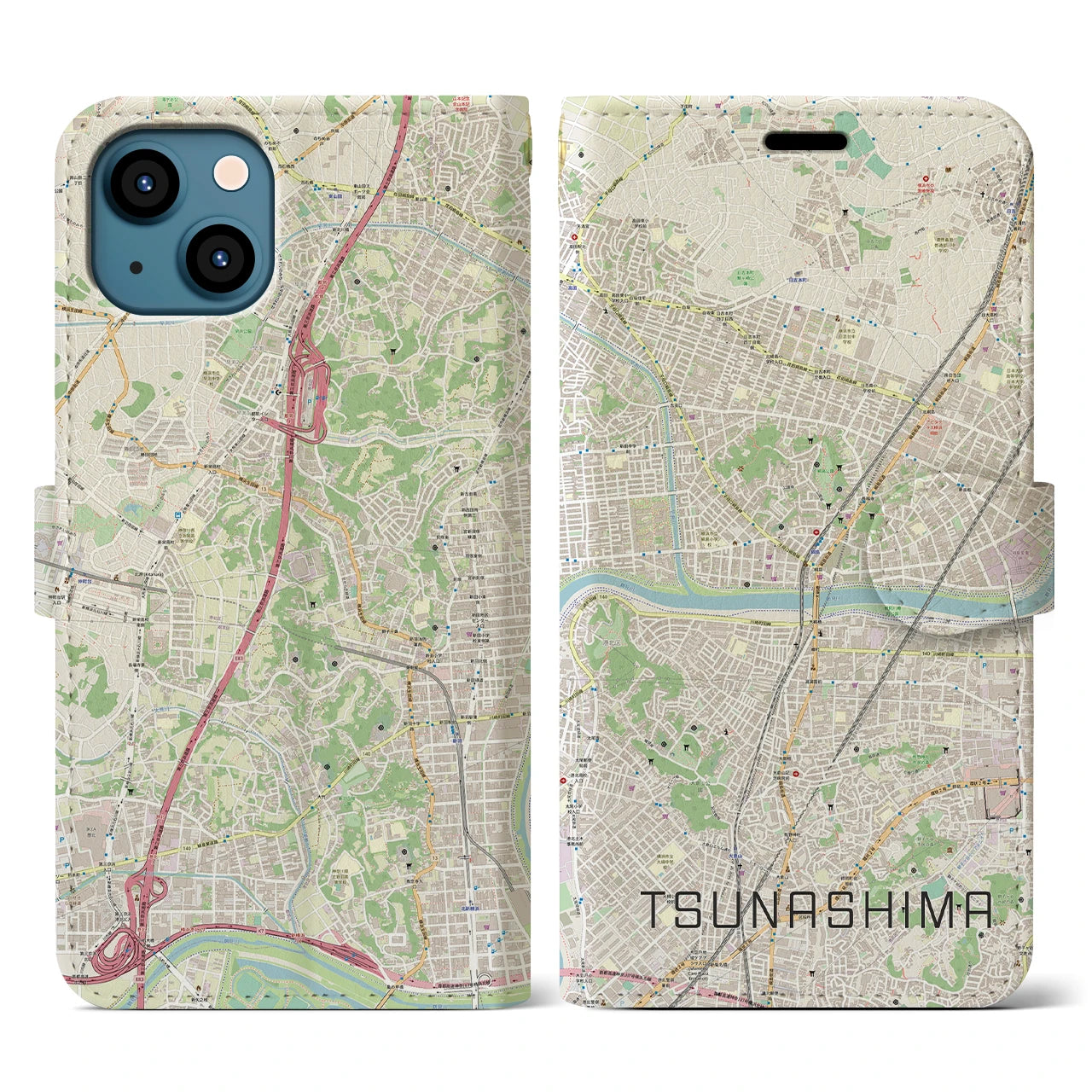 【綱島(神奈川県)】地図柄iPhoneケース(手帳タイプ)ナチュラル・iPhone 13 用