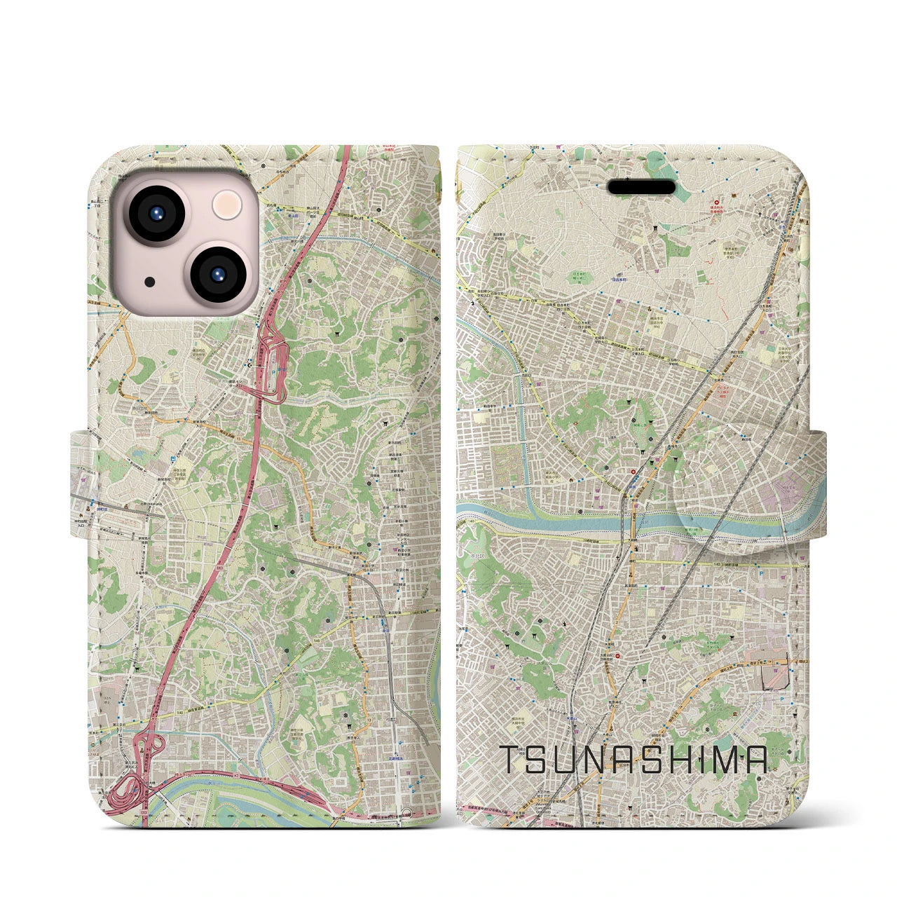 【綱島(神奈川県)】地図柄iPhoneケース(手帳タイプ)ナチュラル・iPhone 13 mini 用