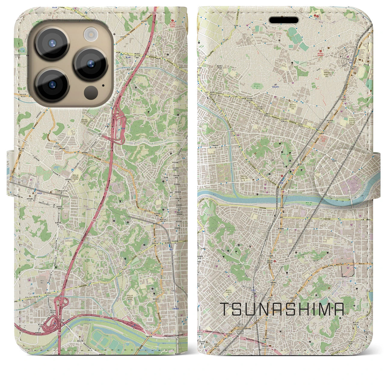【綱島(神奈川県)】地図柄iPhoneケース(手帳タイプ)ナチュラル・iPhone 14 Pro Max 用