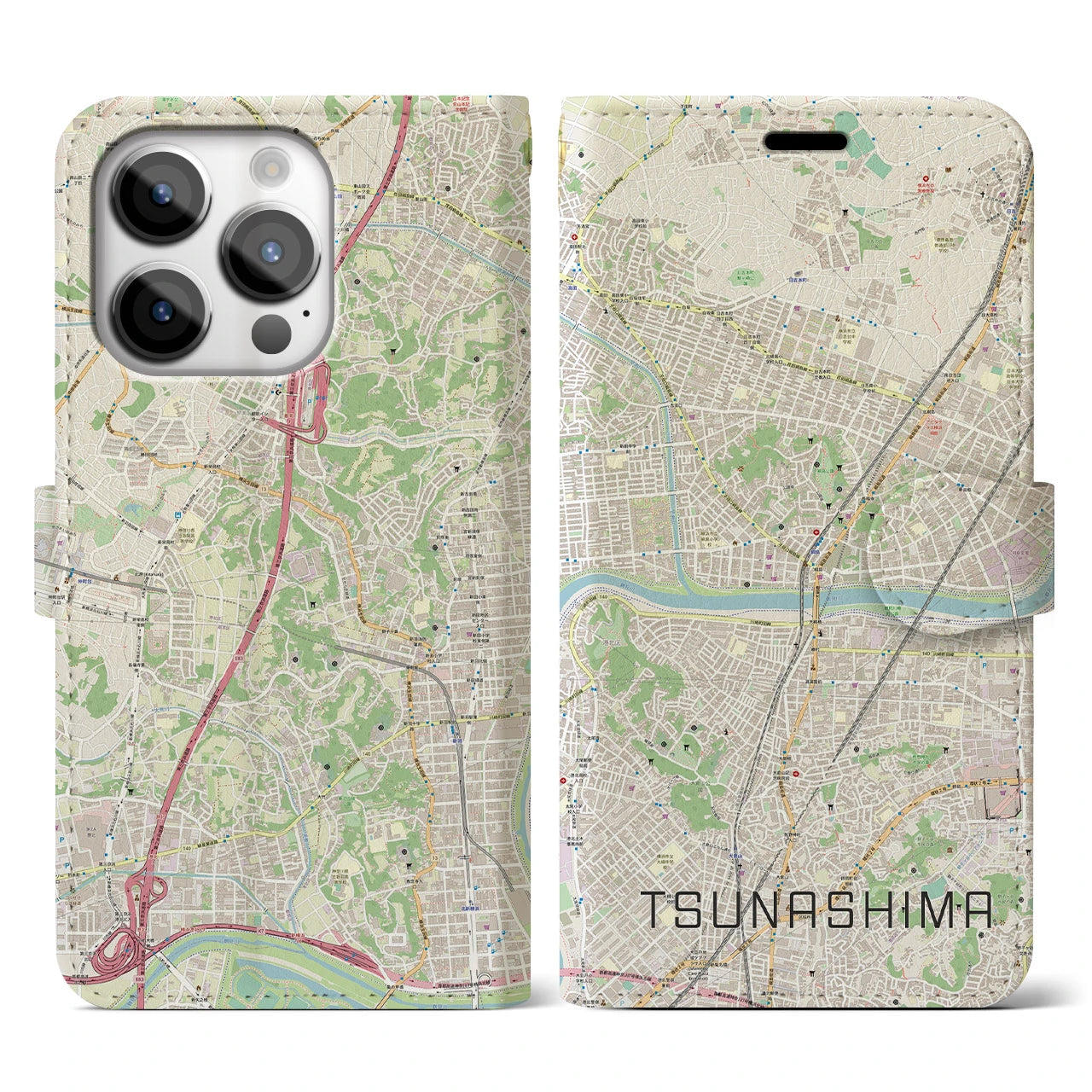 【綱島(神奈川県)】地図柄iPhoneケース(手帳タイプ)ナチュラル・iPhone 14 Pro 用