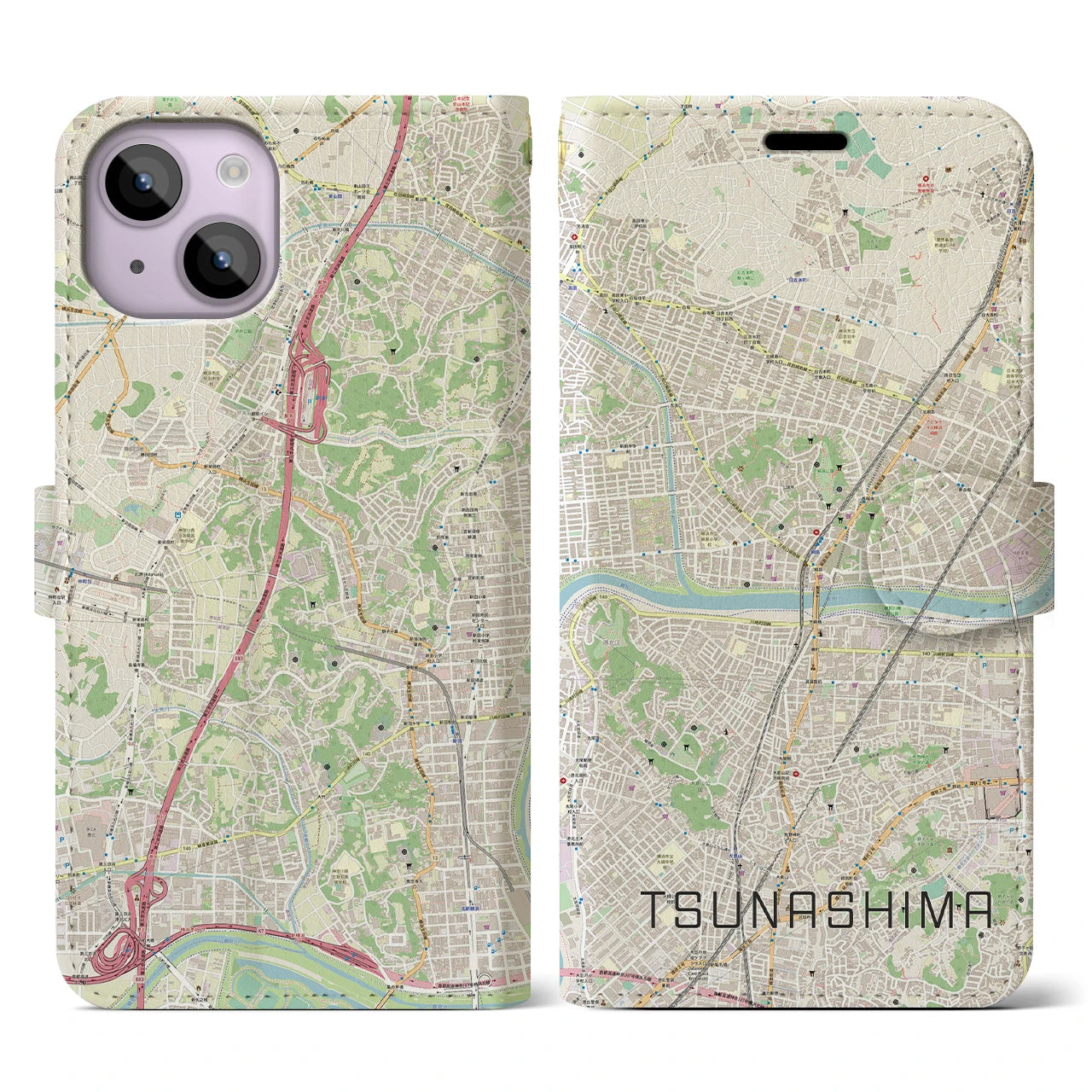 【綱島(神奈川県)】地図柄iPhoneケース(手帳タイプ)ナチュラル・iPhone 14 用