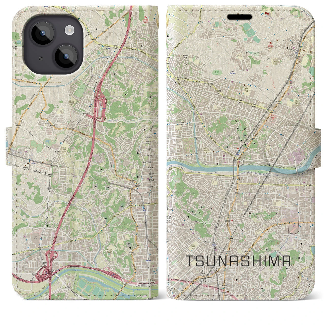 【綱島(神奈川県)】地図柄iPhoneケース(手帳タイプ)ナチュラル・iPhone 14 Plus 用