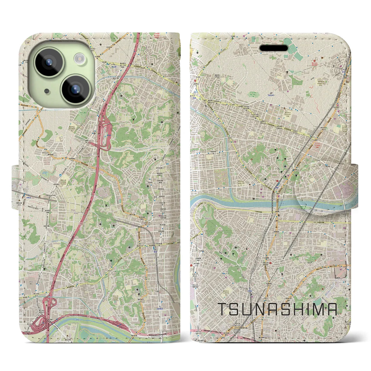 【綱島(神奈川県)】地図柄iPhoneケース(手帳タイプ)ナチュラル・iPhone 15 用