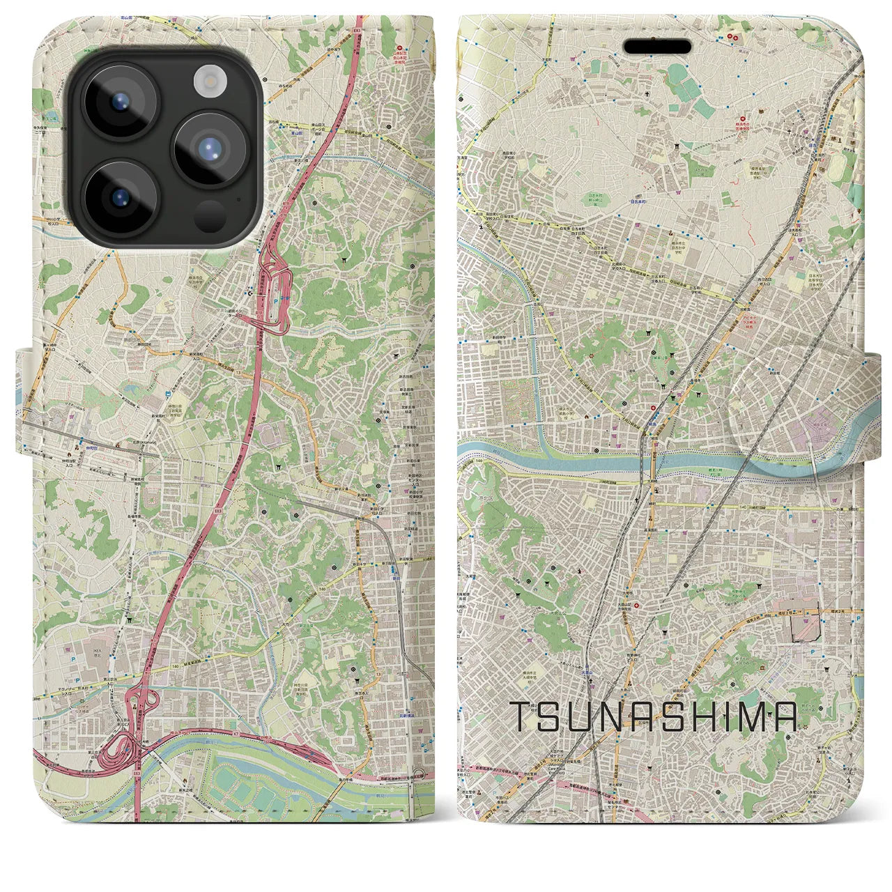 【綱島(神奈川県)】地図柄iPhoneケース(手帳タイプ)ナチュラル・iPhone 15 Pro Max 用