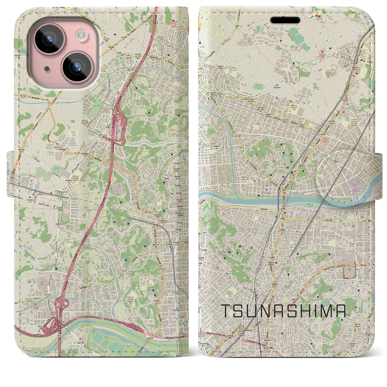 【綱島(神奈川県)】地図柄iPhoneケース(手帳タイプ)ナチュラル・iPhone 15 Plus 用