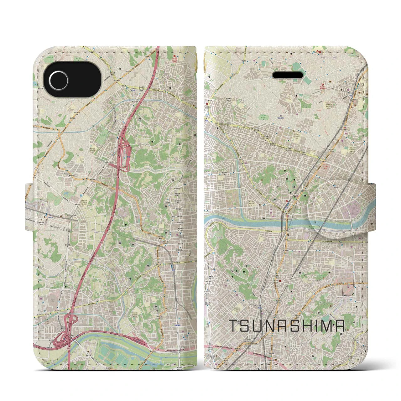 【綱島(神奈川県)】地図柄iPhoneケース(手帳タイプ)ナチュラル・iPhone SE(第3 / 第2世代) / 8 / 7 / 6s / 6 用