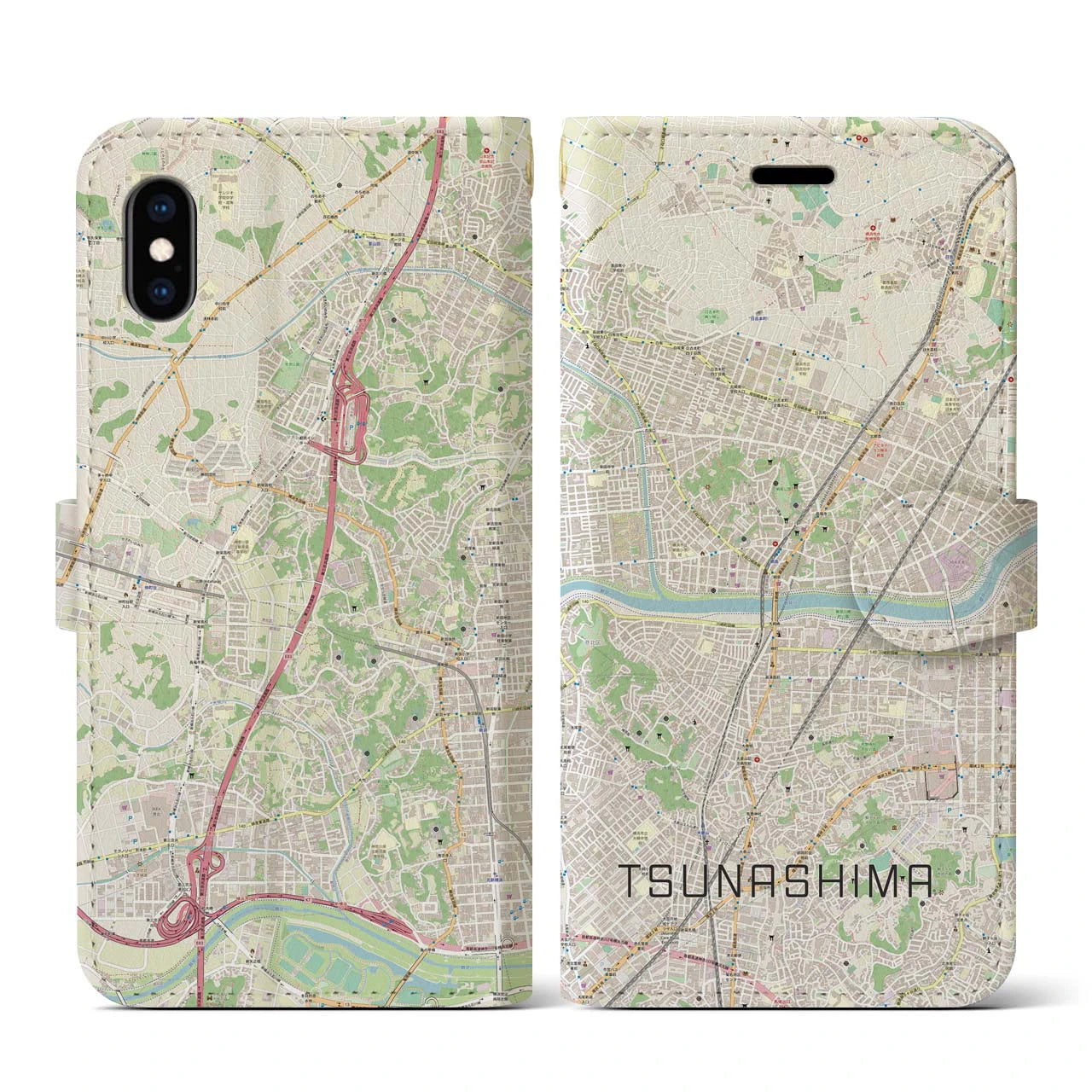 【綱島(神奈川県)】地図柄iPhoneケース(手帳タイプ)ナチュラル・iPhone XS / X 用