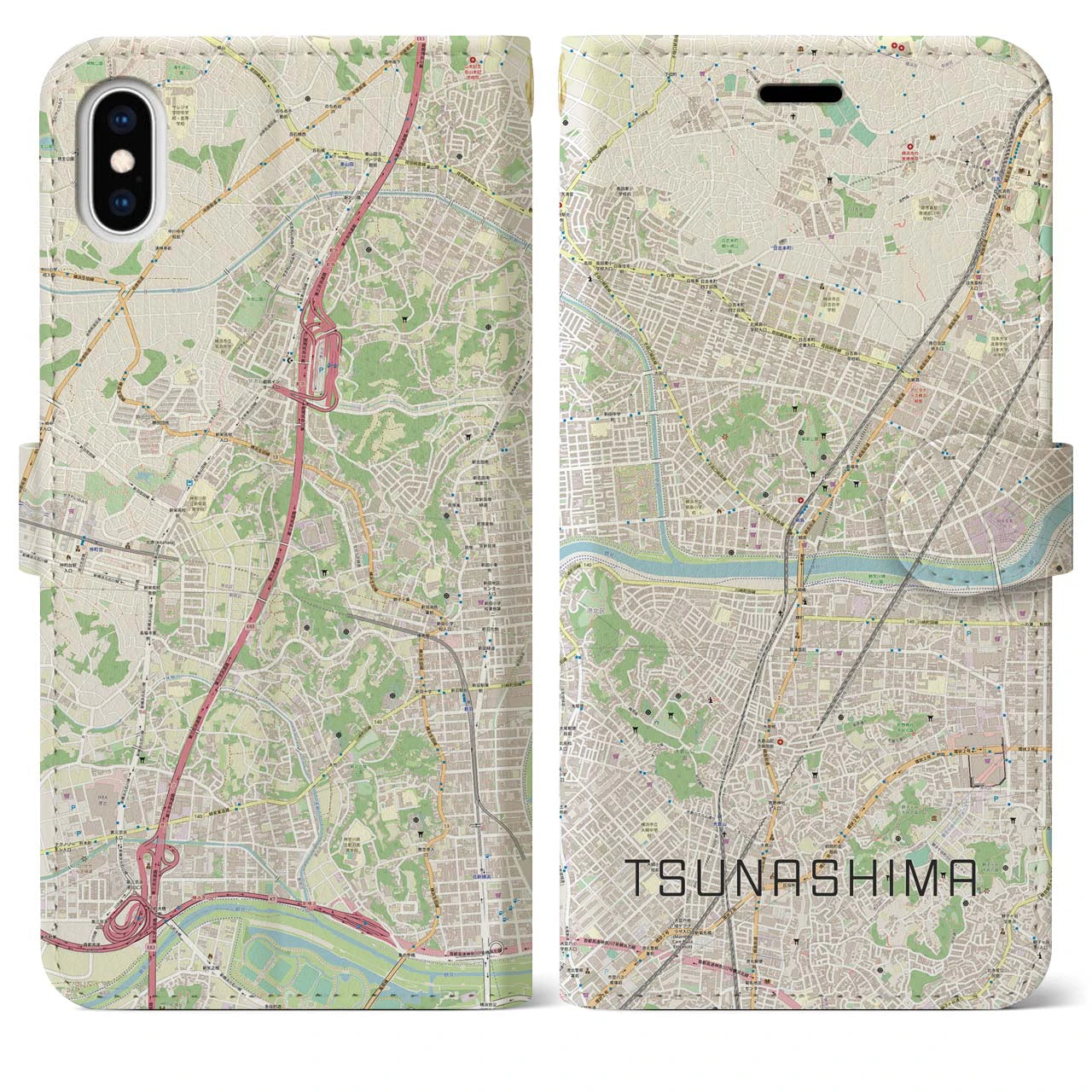 【綱島(神奈川県)】地図柄iPhoneケース(手帳タイプ)ナチュラル・iPhone XS Max 用