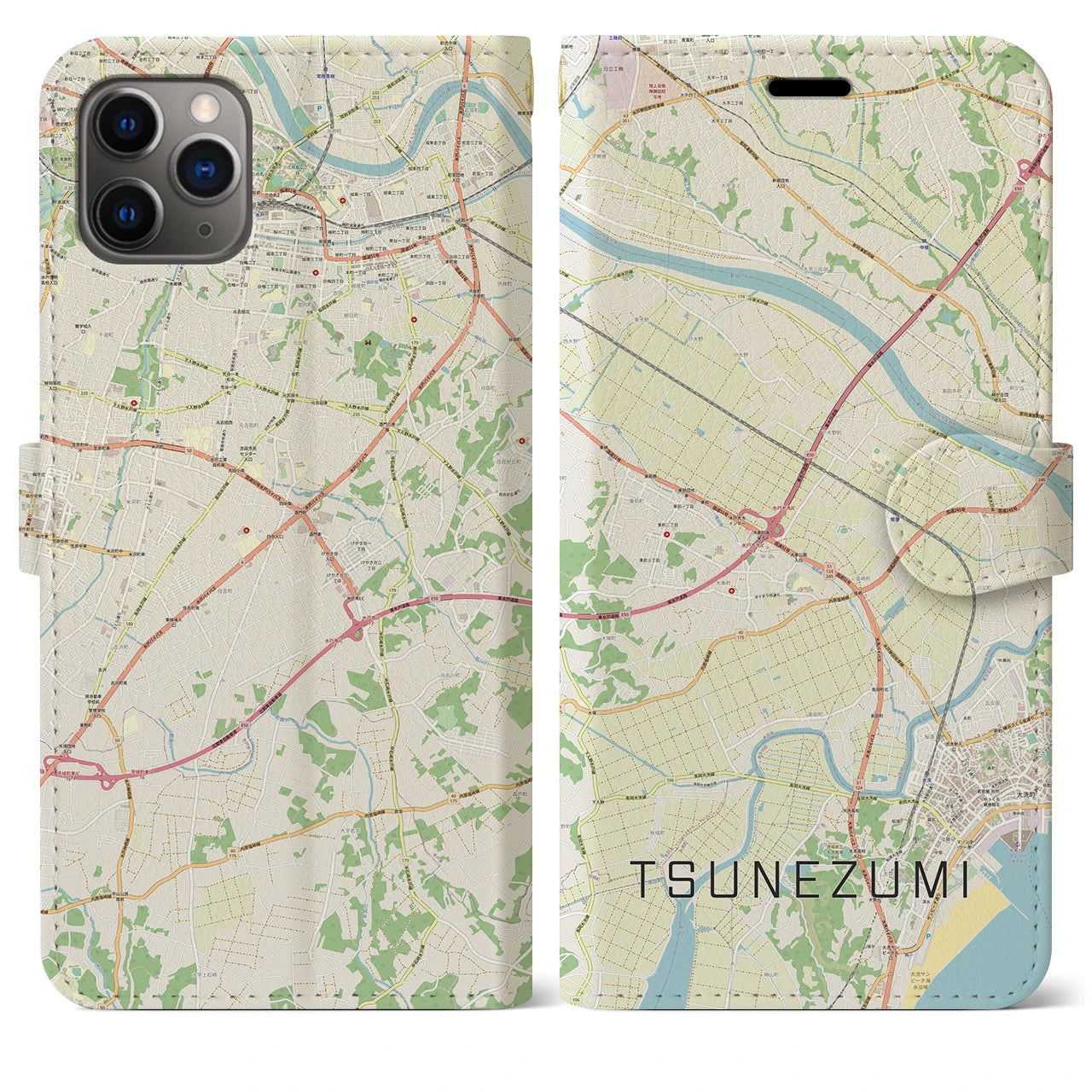 【常澄(茨城県)】地図柄iPhoneケース(手帳タイプ)ナチュラル・iPhone 11 Pro Max 用