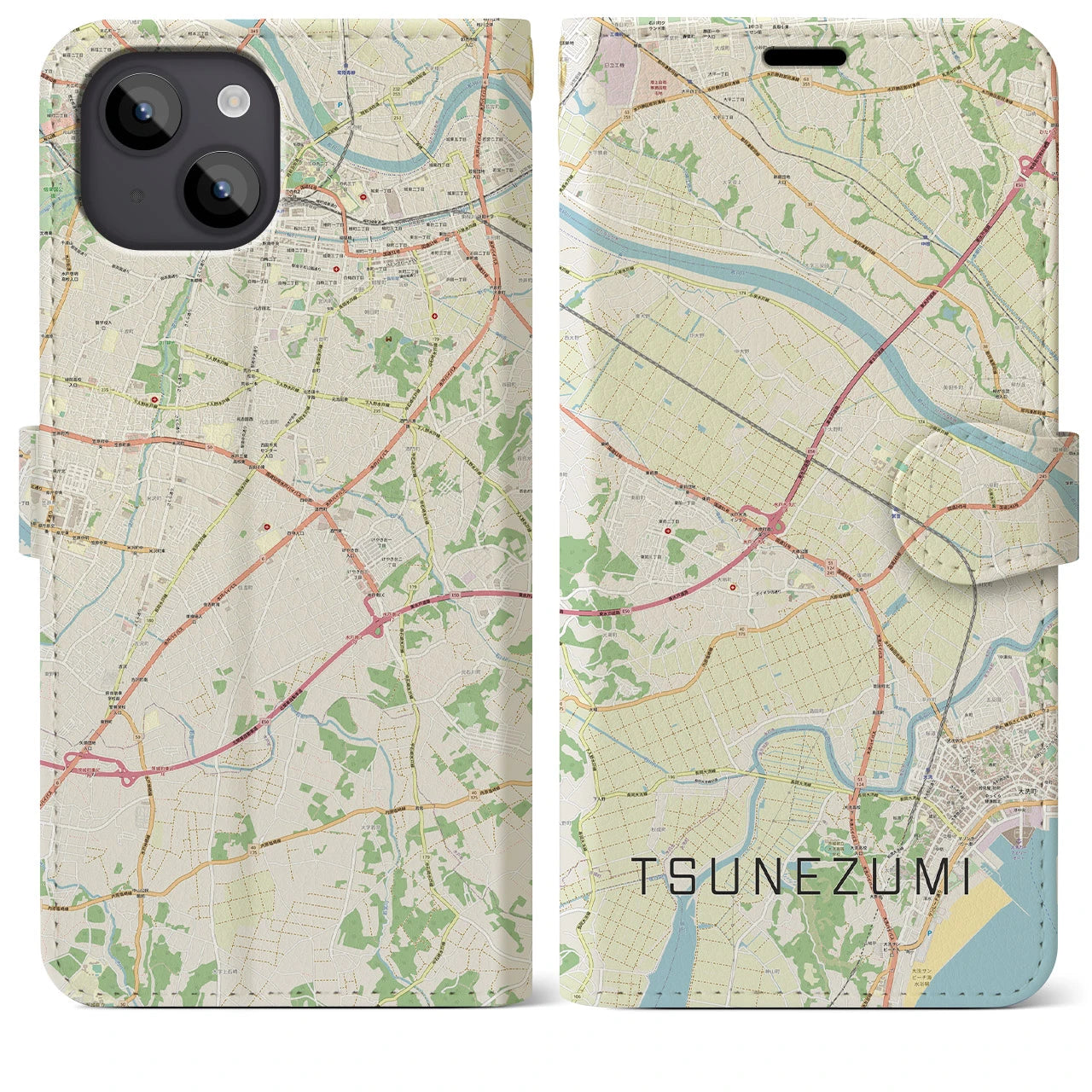 【常澄(茨城県)】地図柄iPhoneケース(手帳タイプ)ナチュラル・iPhone 14 Plus 用