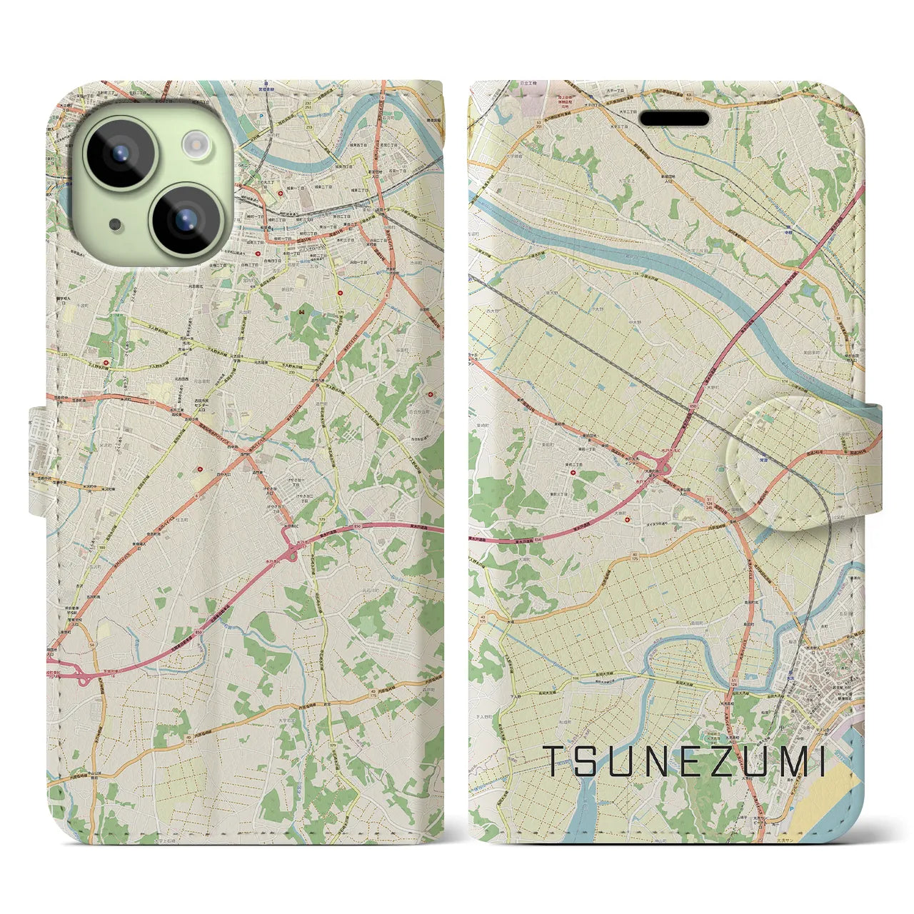 【常澄(茨城県)】地図柄iPhoneケース(手帳タイプ)ナチュラル・iPhone 15 用