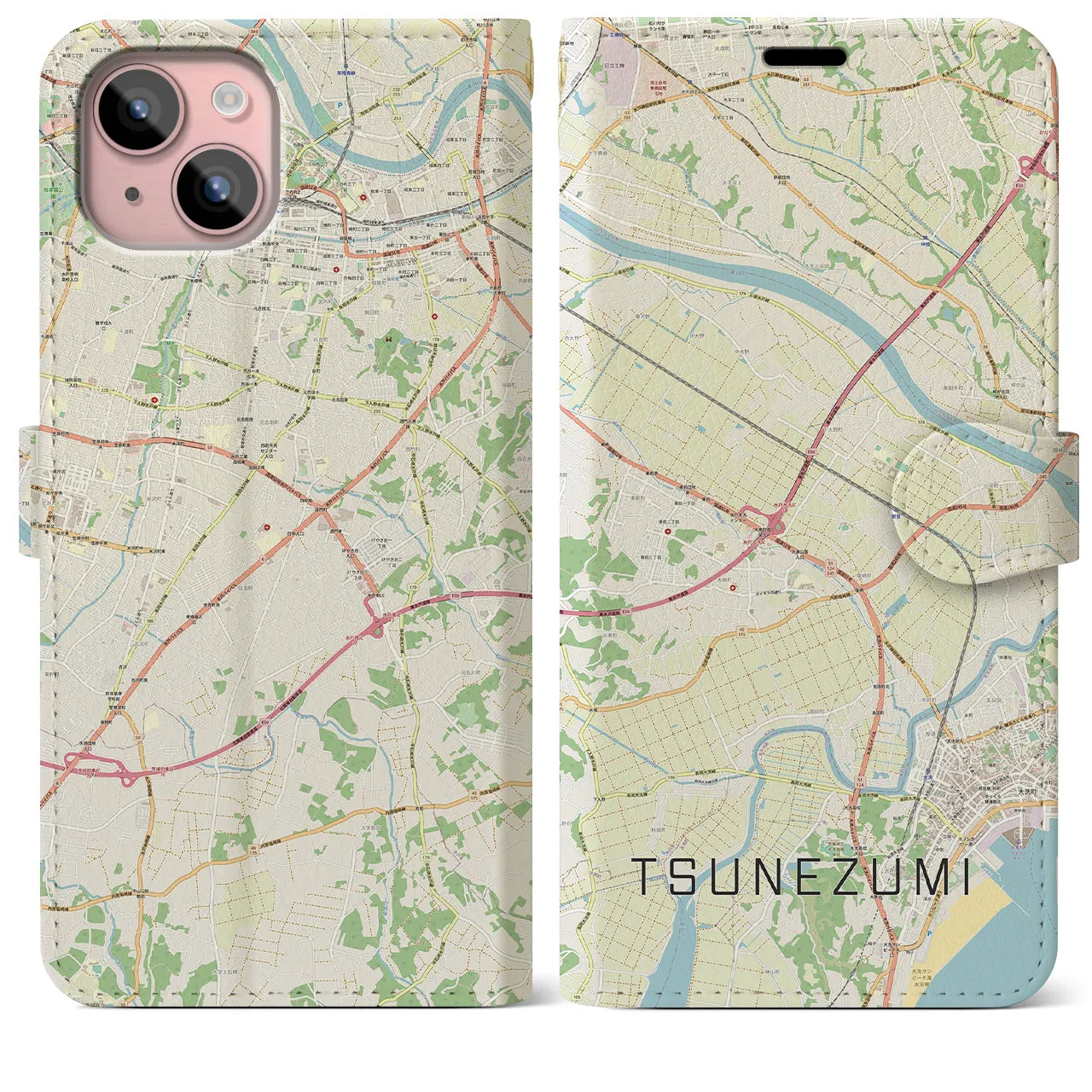 【常澄(茨城県)】地図柄iPhoneケース(手帳タイプ)ナチュラル・iPhone 15 Plus 用