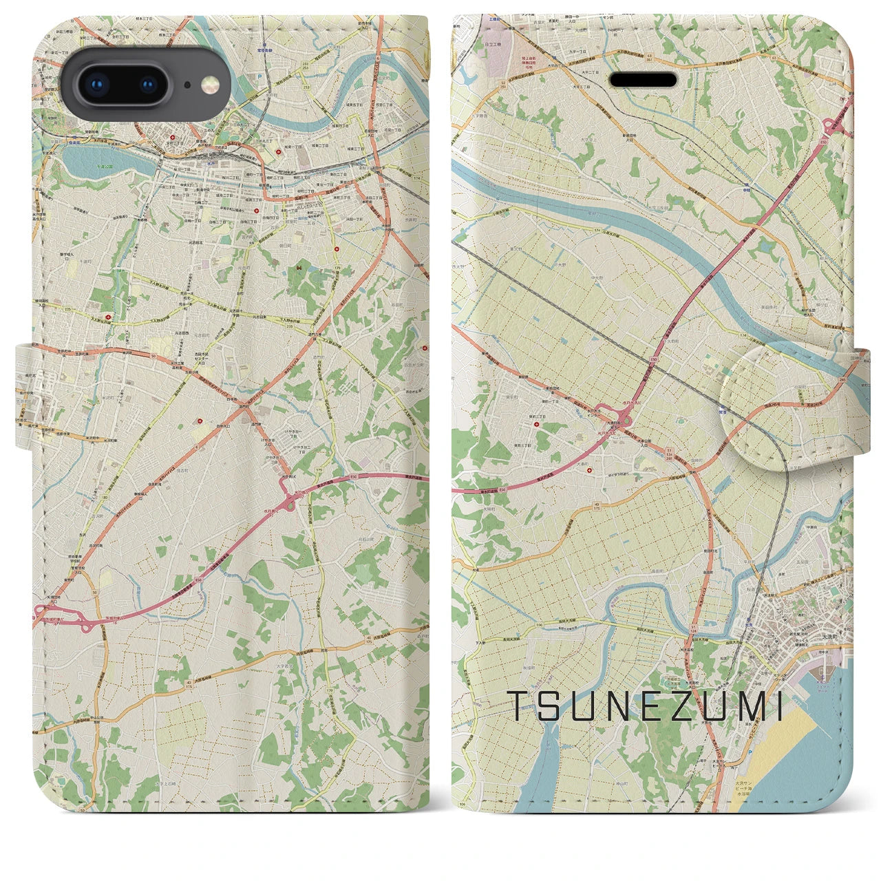 【常澄(茨城県)】地図柄iPhoneケース(手帳タイプ)ナチュラル・iPhone 8Plus /7Plus / 6sPlus / 6Plus 用