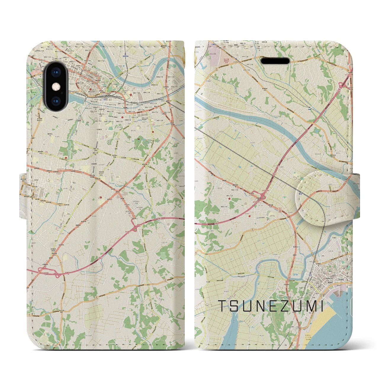 【常澄(茨城県)】地図柄iPhoneケース(手帳タイプ)ナチュラル・iPhone XS / X 用