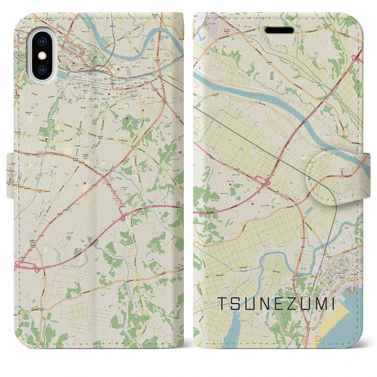 【常澄(茨城県)】地図柄iPhoneケース(手帳タイプ)ナチュラル・iPhone XS Max 用