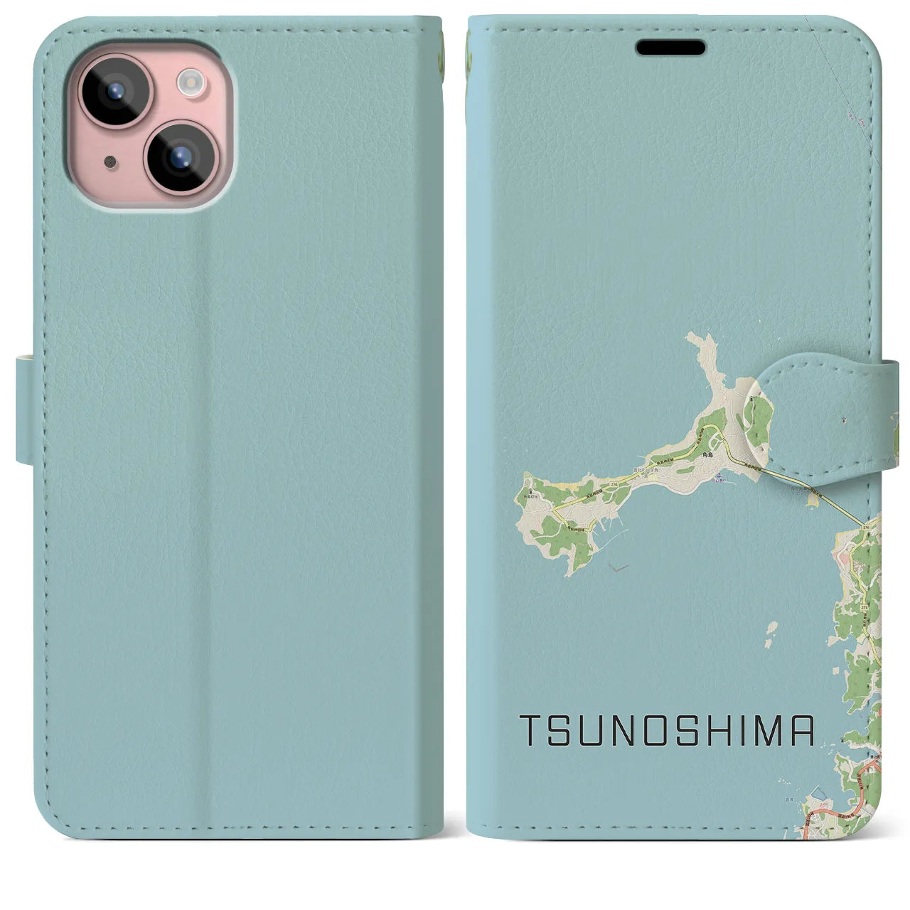 【角島(山口県)】地図柄iPhoneケース(手帳タイプ)ナチュラル・iPhone 15 Plus 用
