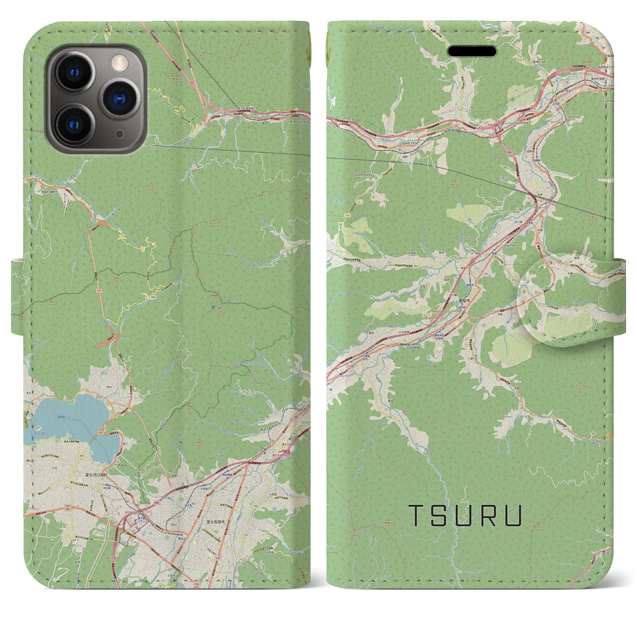 【都留(山梨県)】地図柄iPhoneケース(手帳タイプ)ナチュラル・iPhone 11 Pro Max 用