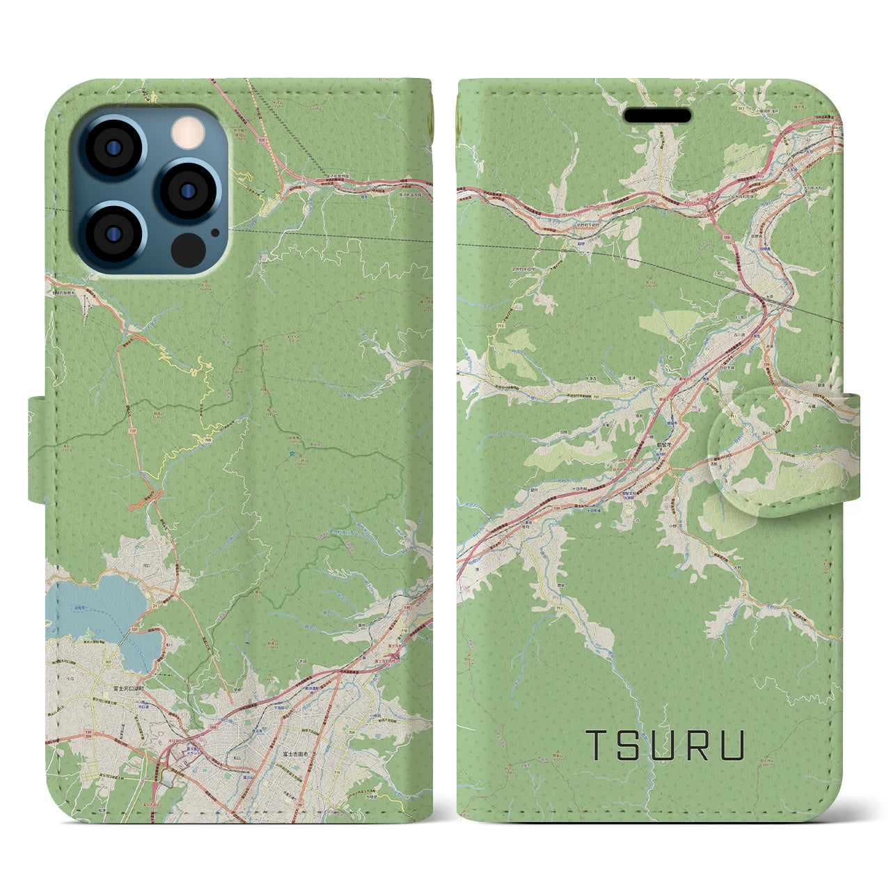 【都留(山梨県)】地図柄iPhoneケース(手帳タイプ)ナチュラル・iPhone 12 / 12 Pro 用