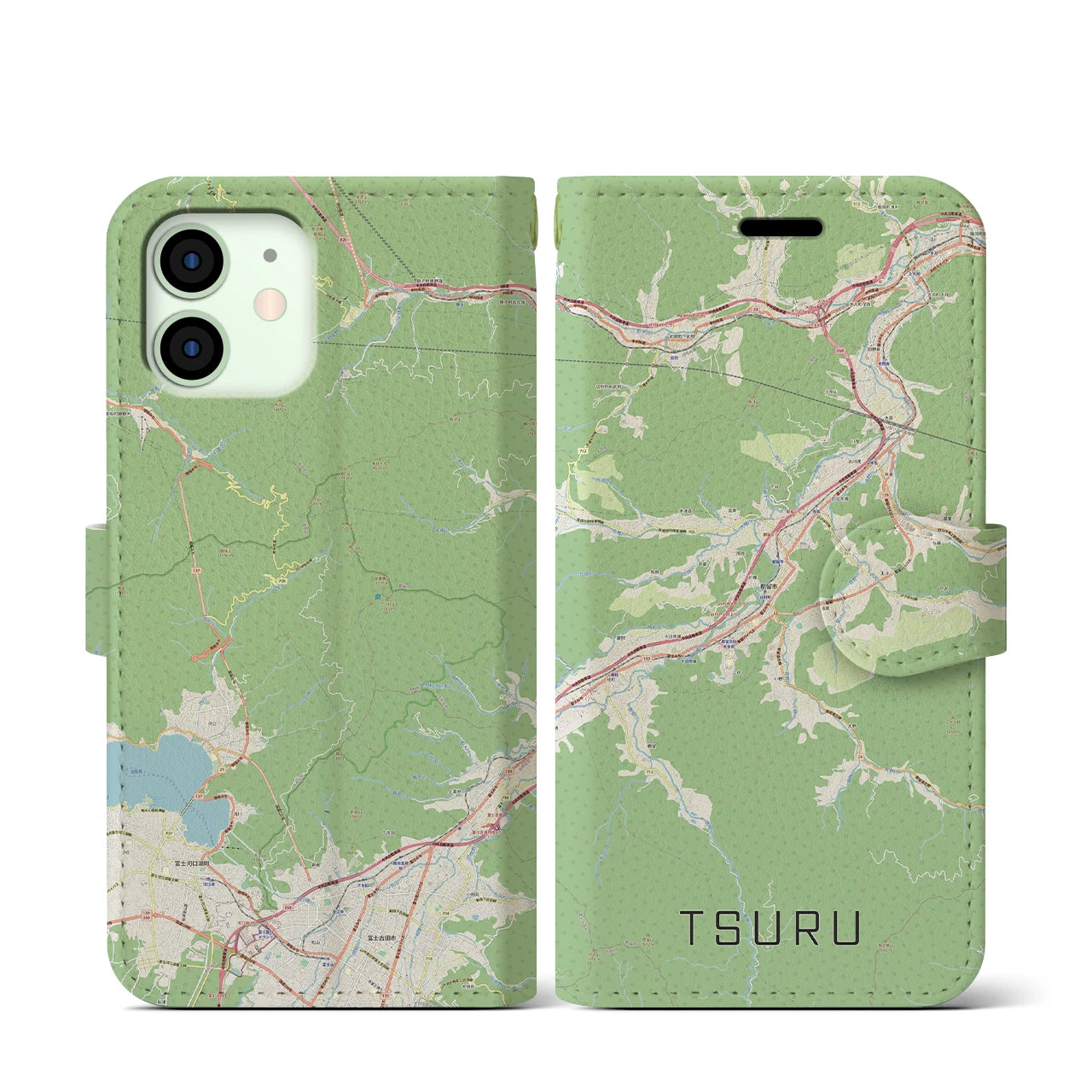 【都留(山梨県)】地図柄iPhoneケース(手帳タイプ)ナチュラル・iPhone 12 mini 用