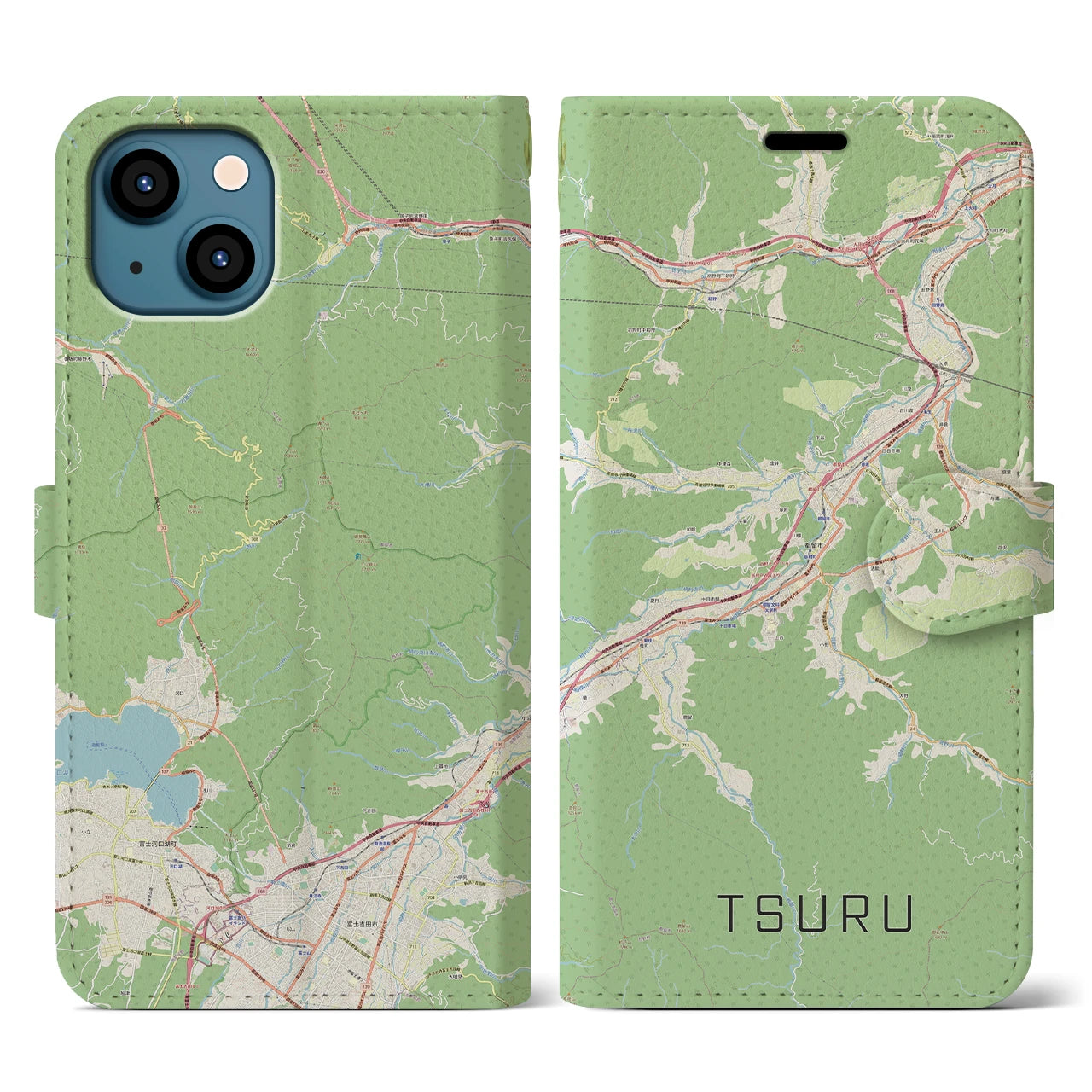 【都留(山梨県)】地図柄iPhoneケース(手帳タイプ)ナチュラル・iPhone 13 用