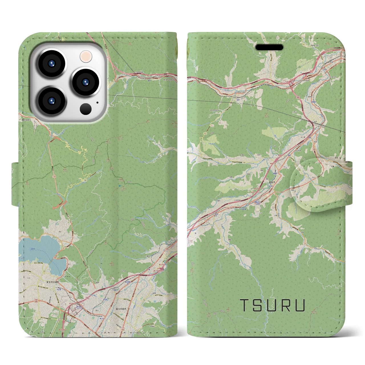 【都留(山梨県)】地図柄iPhoneケース(手帳タイプ)ナチュラル・iPhone 13 Pro 用