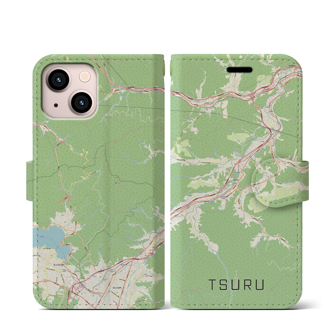 【都留(山梨県)】地図柄iPhoneケース(手帳タイプ)ナチュラル・iPhone 13 mini 用