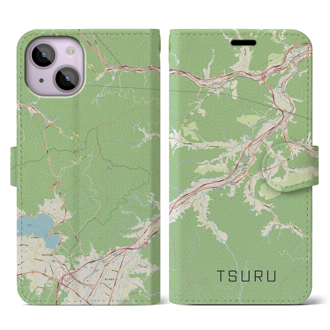 【都留(山梨県)】地図柄iPhoneケース(手帳タイプ)ナチュラル・iPhone 14 用