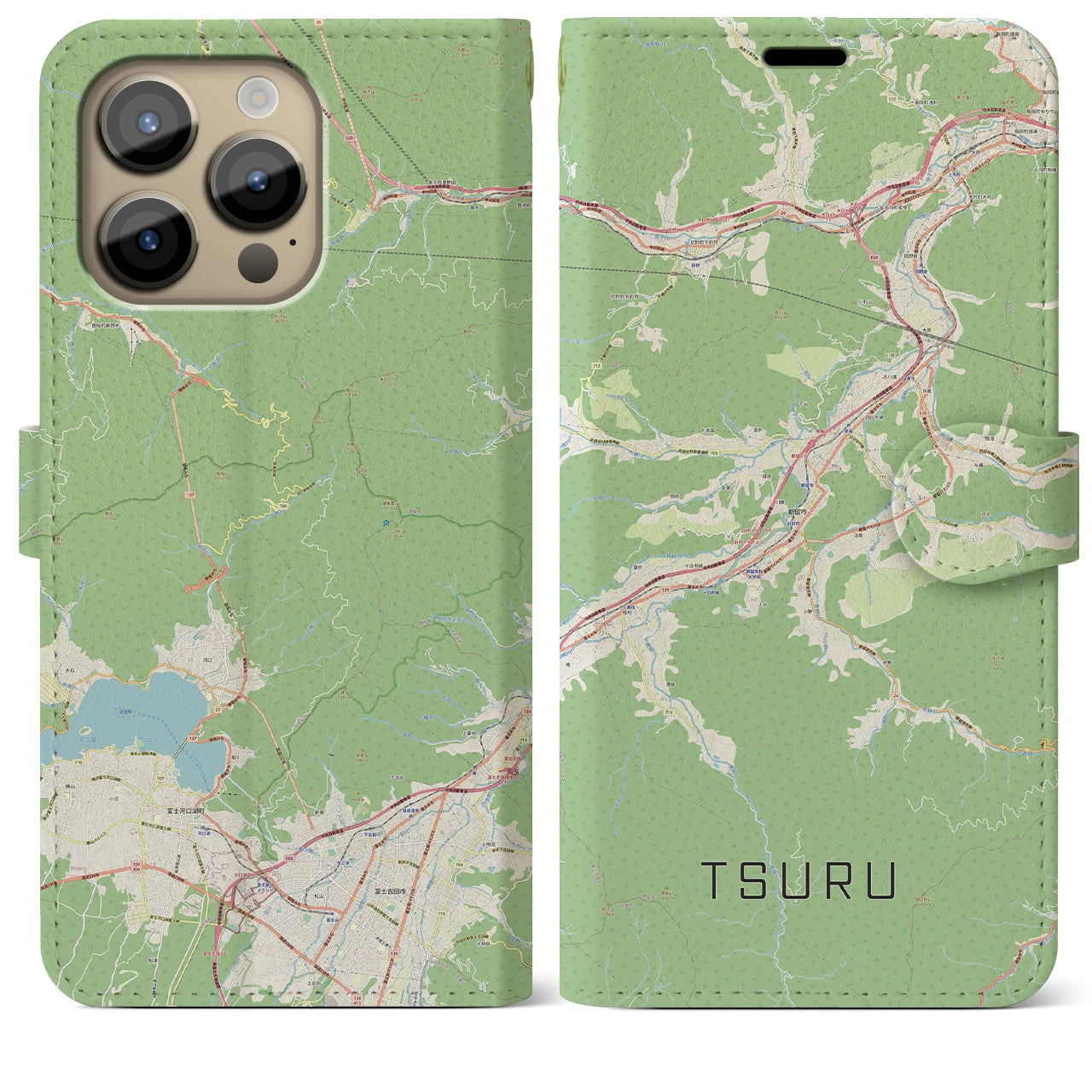 【都留(山梨県)】地図柄iPhoneケース(手帳タイプ)ナチュラル・iPhone 14 Pro Max 用