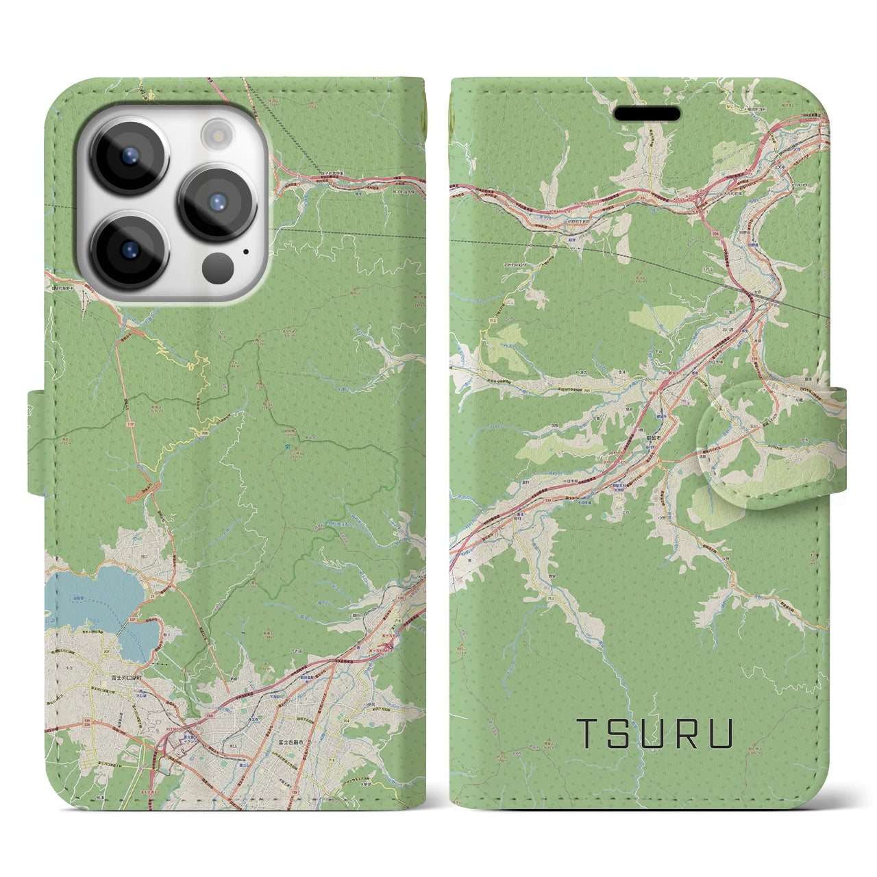 【都留(山梨県)】地図柄iPhoneケース(手帳タイプ)ナチュラル・iPhone 14 Pro 用