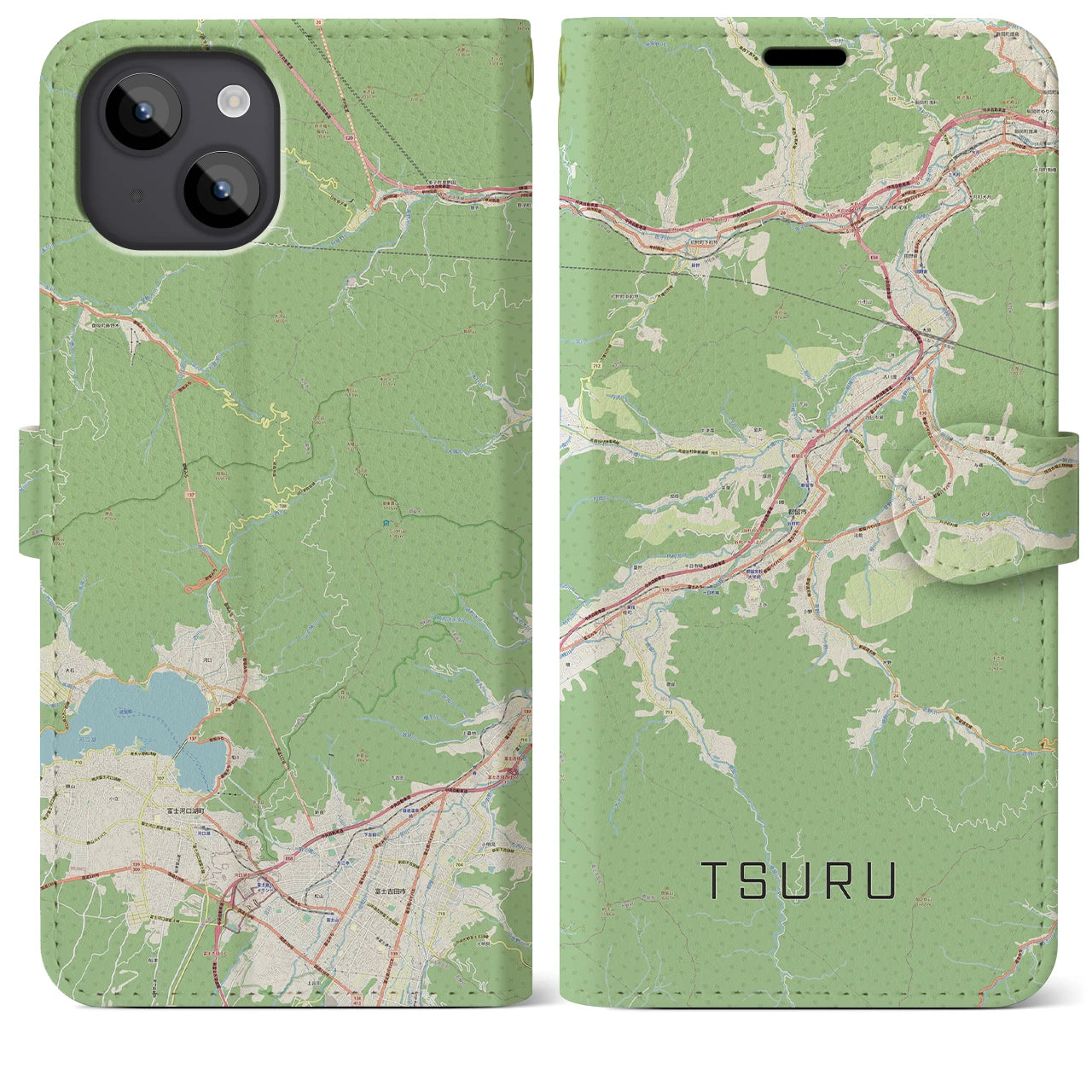 【都留(山梨県)】地図柄iPhoneケース(手帳タイプ)ナチュラル・iPhone 14 Plus 用