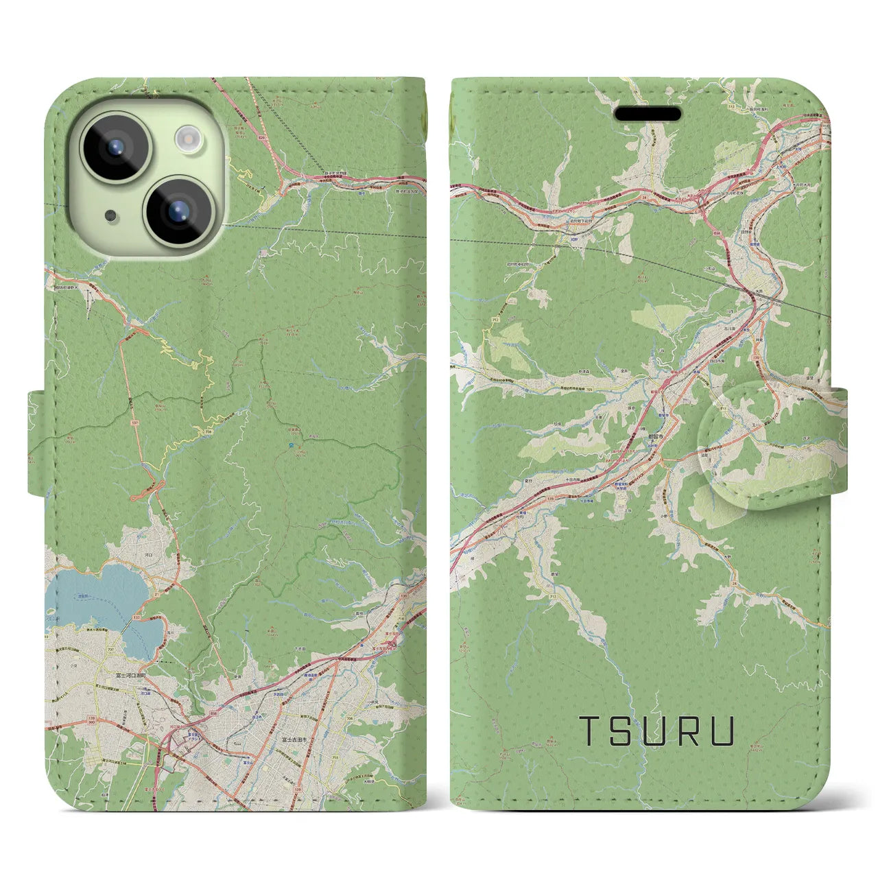 【都留(山梨県)】地図柄iPhoneケース(手帳タイプ)ナチュラル・iPhone 15 用