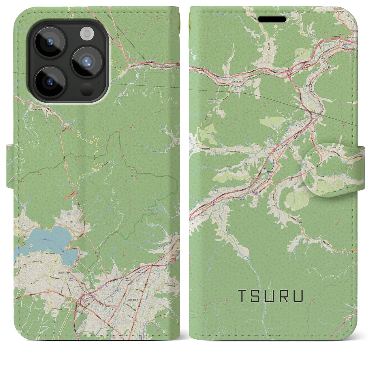 【都留(山梨県)】地図柄iPhoneケース(手帳タイプ)ナチュラル・iPhone 15 Pro Max 用