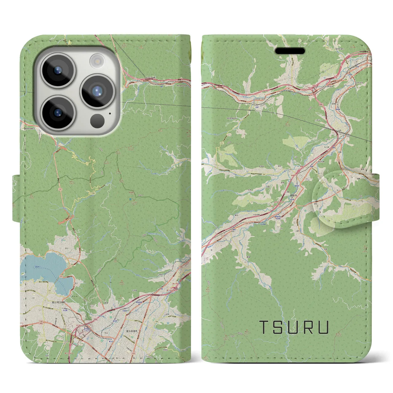 【都留(山梨県)】地図柄iPhoneケース(手帳タイプ)ナチュラル・iPhone 15 Pro 用