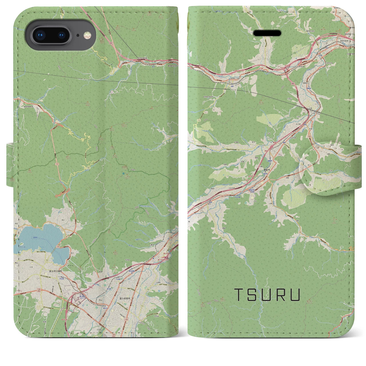 【都留(山梨県)】地図柄iPhoneケース(手帳タイプ)ナチュラル・iPhone 8Plus /7Plus / 6sPlus / 6Plus 用