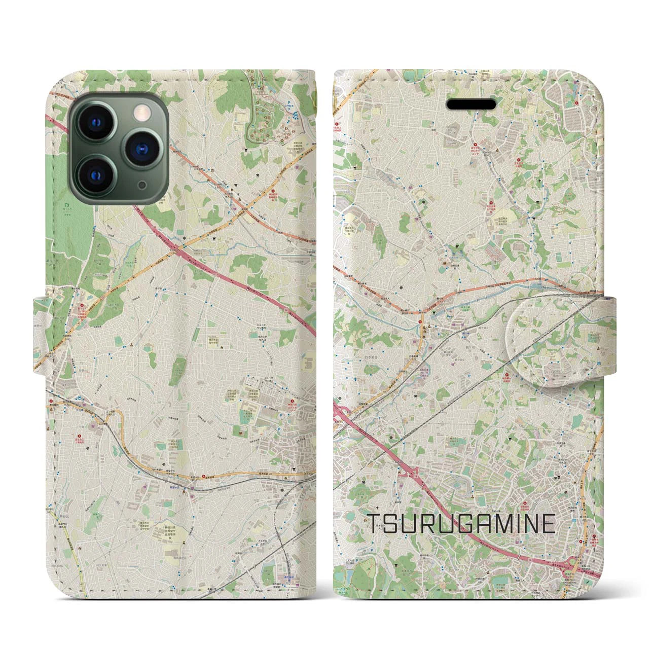 【鶴ヶ峰(神奈川県)】地図柄iPhoneケース(手帳タイプ)ナチュラル・iPhone 11 Pro 用