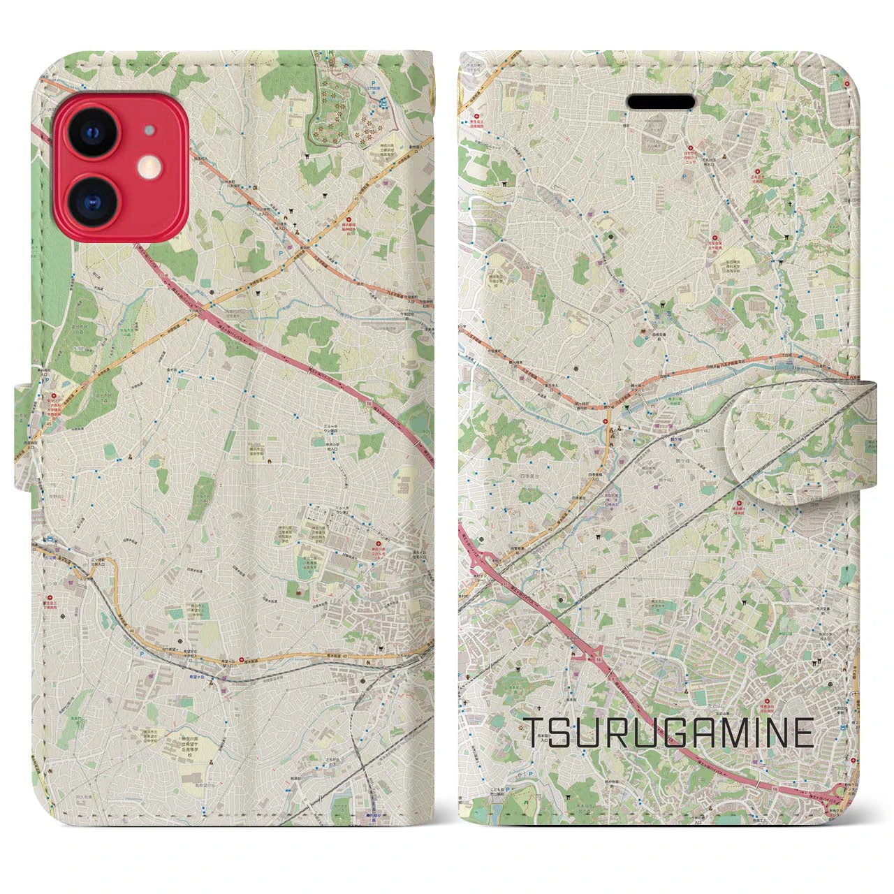 【鶴ヶ峰(神奈川県)】地図柄iPhoneケース(手帳タイプ)ナチュラル・iPhone 11 用