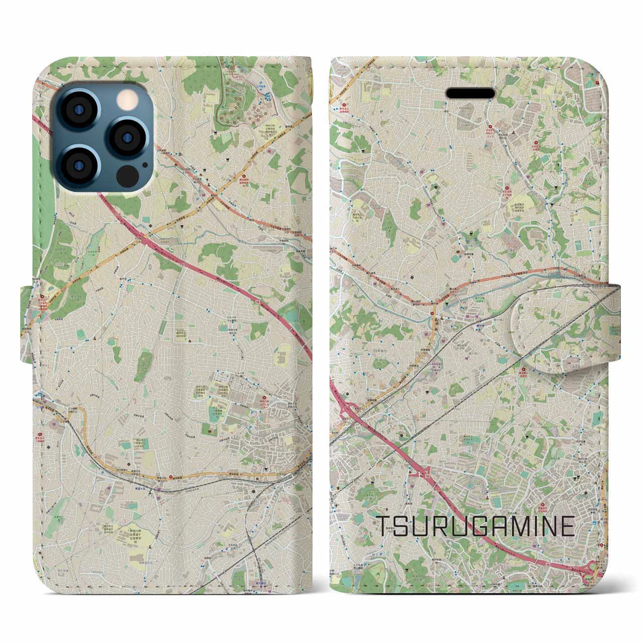 【鶴ヶ峰(神奈川県)】地図柄iPhoneケース(手帳タイプ)ナチュラル・iPhone 12 / 12 Pro 用