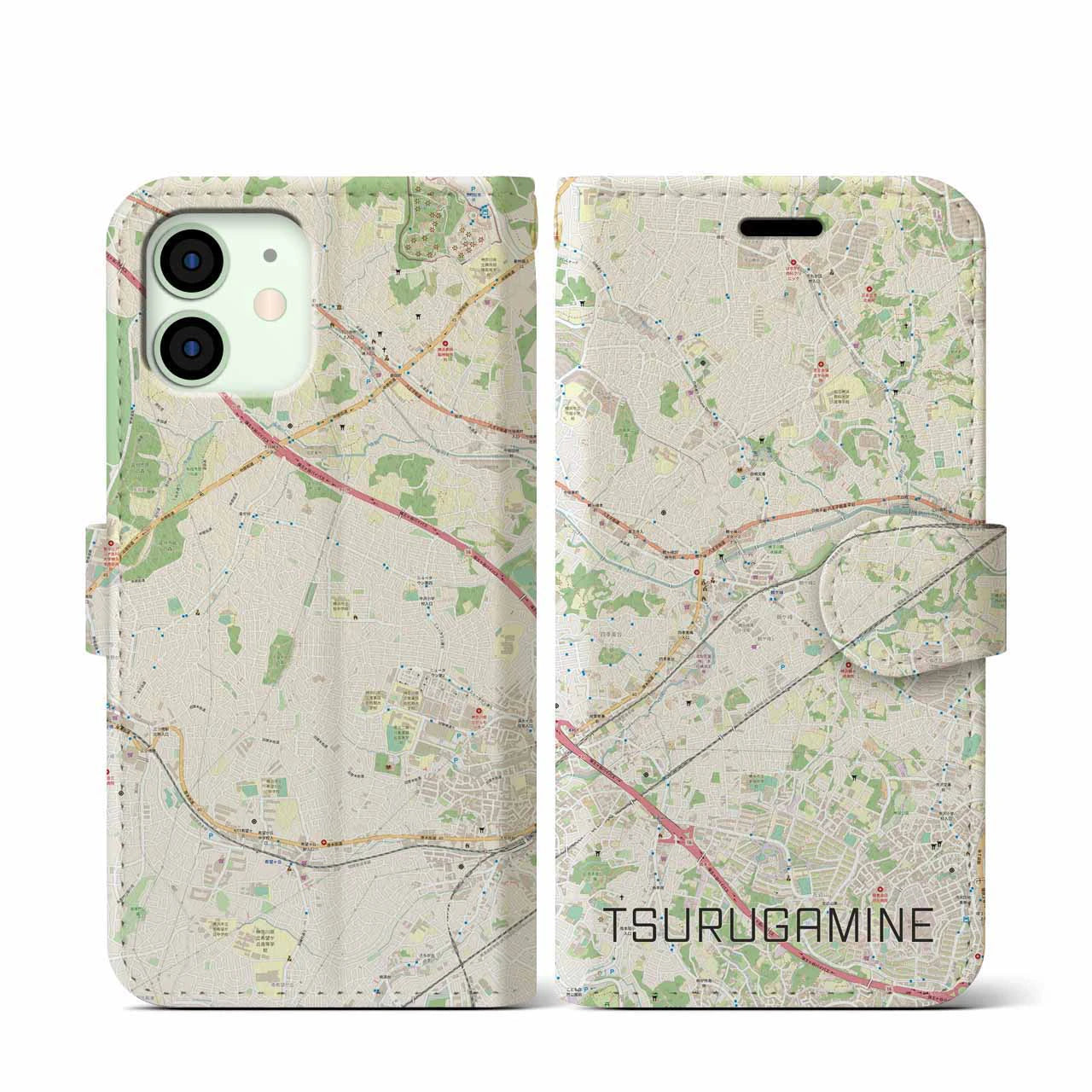 【鶴ヶ峰(神奈川県)】地図柄iPhoneケース(手帳タイプ)ナチュラル・iPhone 12 mini 用