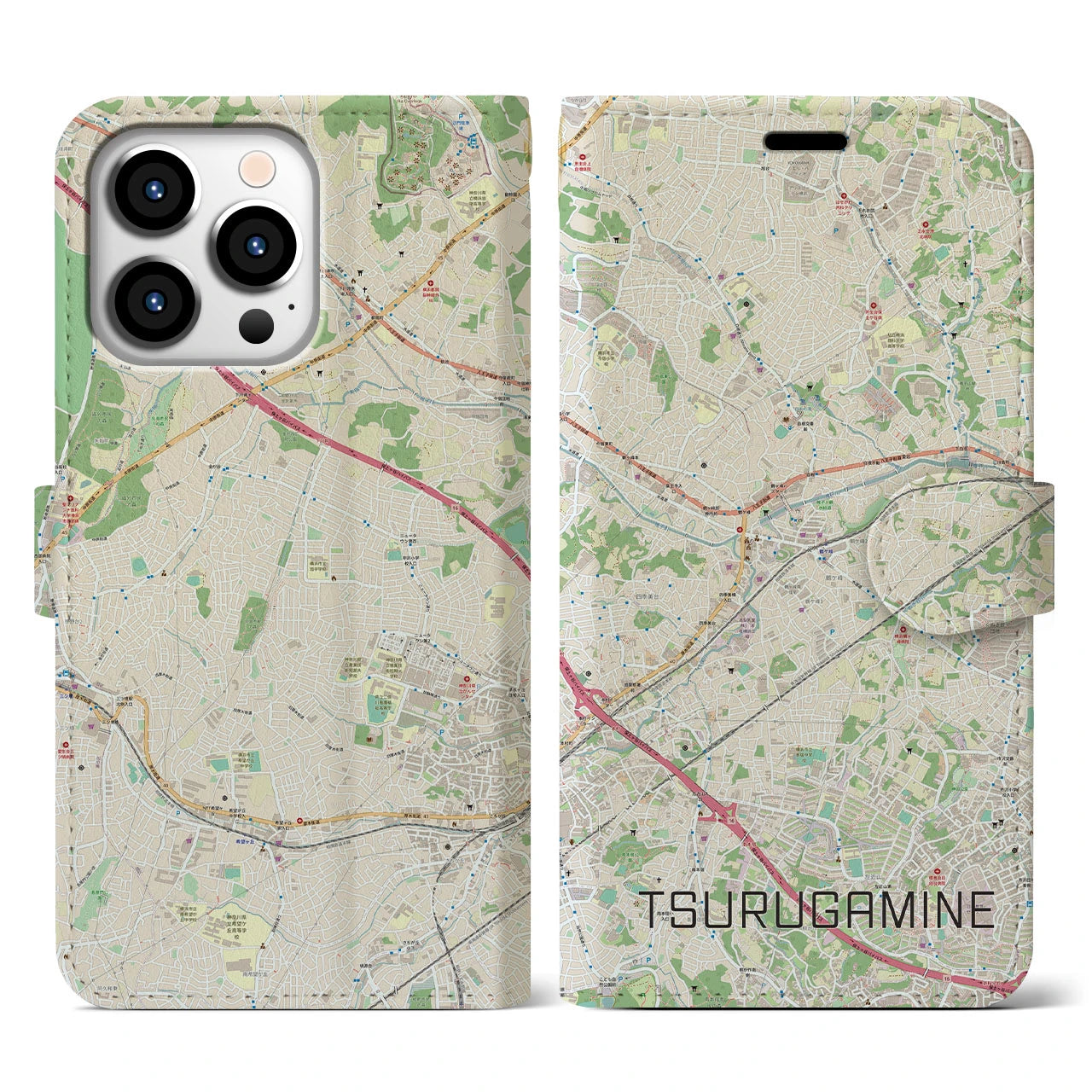【鶴ヶ峰(神奈川県)】地図柄iPhoneケース(手帳タイプ)ナチュラル・iPhone 13 Pro 用