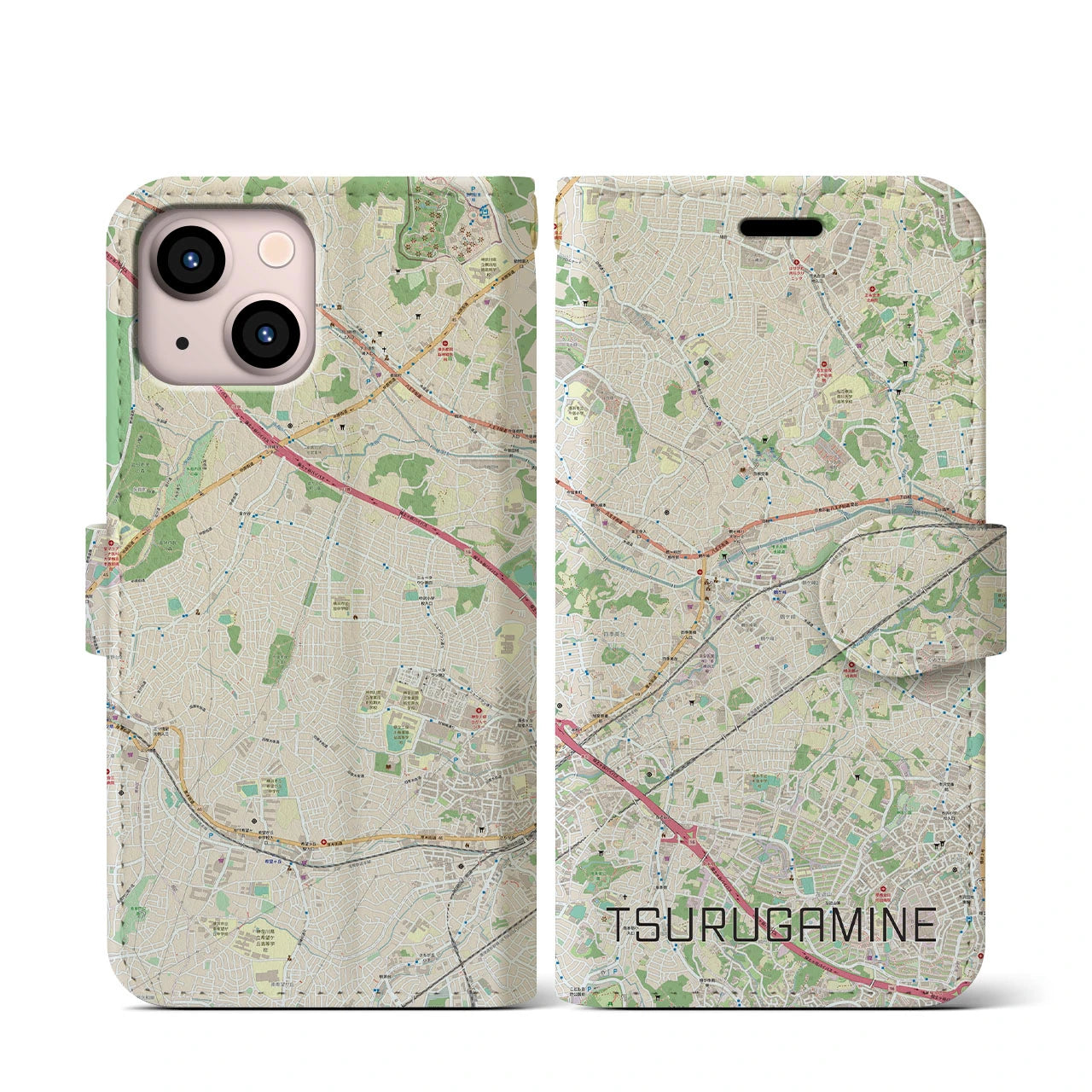 【鶴ヶ峰(神奈川県)】地図柄iPhoneケース(手帳タイプ)ナチュラル・iPhone 13 mini 用